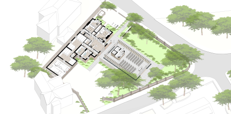 Architectural 3D floor plan illustration of a religious complex. Communal and functional spaces.