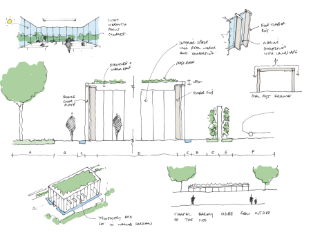 Architect concept sketch of building construction and materials ideas and how natural light will be utilised.