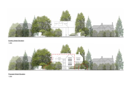 Architectural sketch of a block of 12 flats, the surrouding trees and neighbouring proeprties.