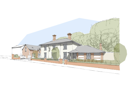 Architectural sketch showing a pub conversion and small housing development.