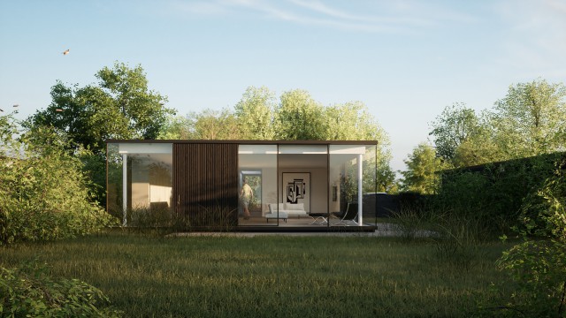GCI illustration of modern single story pavillion building. Large glass windows with a section of wood panels.