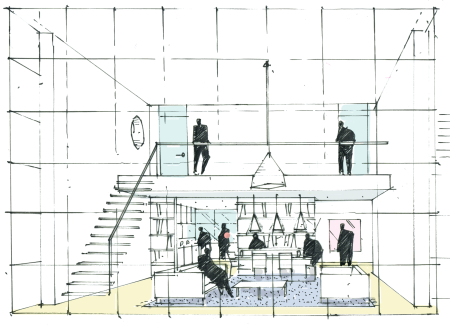 Arhictectural concept sketch showing a range of concepts for the remodelling of a London Penthouse
