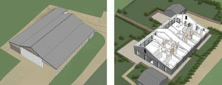 Architectural aerial GCI of a barn conversion. Roof removed showing internal layout of the main building.