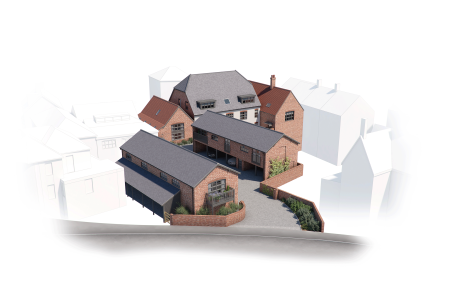 An architectural CGI of a courtyard residential development made up five buildings, four brick and one white. 