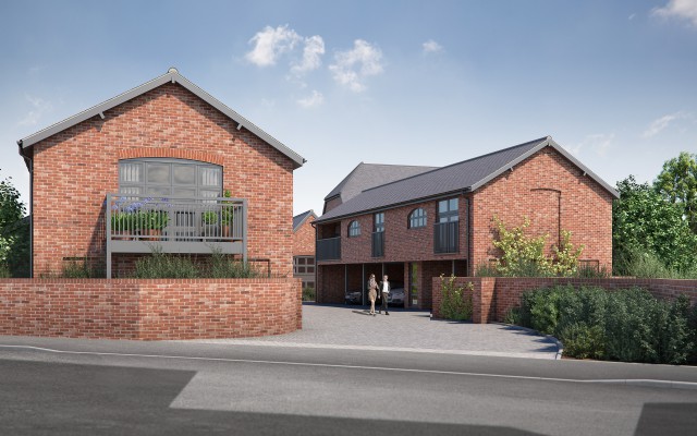 An architectural CGI of a courtyard residential development. Two red brick buildings with card parked underneath.