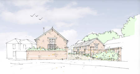 An architectural hand drawn sketch of a courtyard residential development, Two red brick and walls.