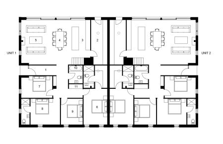 Architectural floor plan drawing of a barn conversion. Barn divided into homes each with bedrooms, kitchen and living space.